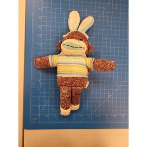 Sock Monkey Plush Toy Bunny Ears Striped Shirt Stuffed Animal Easter Gift Decor
